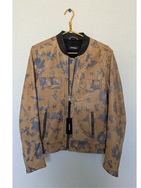 Diesel leather bomber jacket, size L, digital camouflage pattern tan/blue NWT